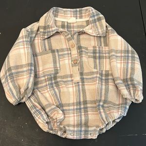 Oversized collared flannel henley bubble romper with pockets